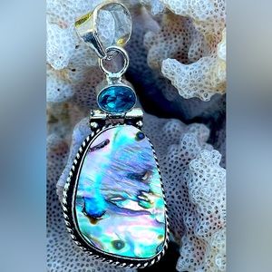 Artisan Sterling Silver Abalone Aquamarine Gemstone Gemstone Pendant NEW 2.5”